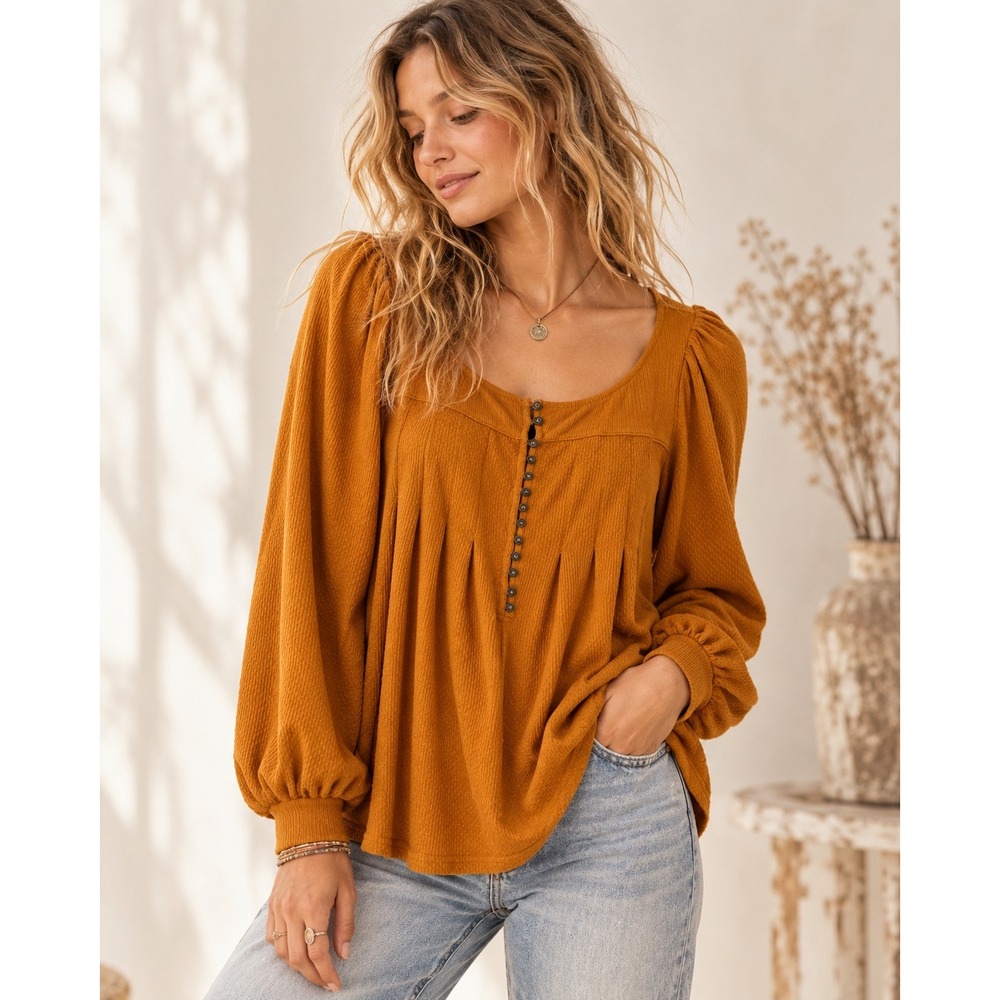 Free People Mustard Waffle Knit Henley Babydoll Puff Sleeve Boho Top M